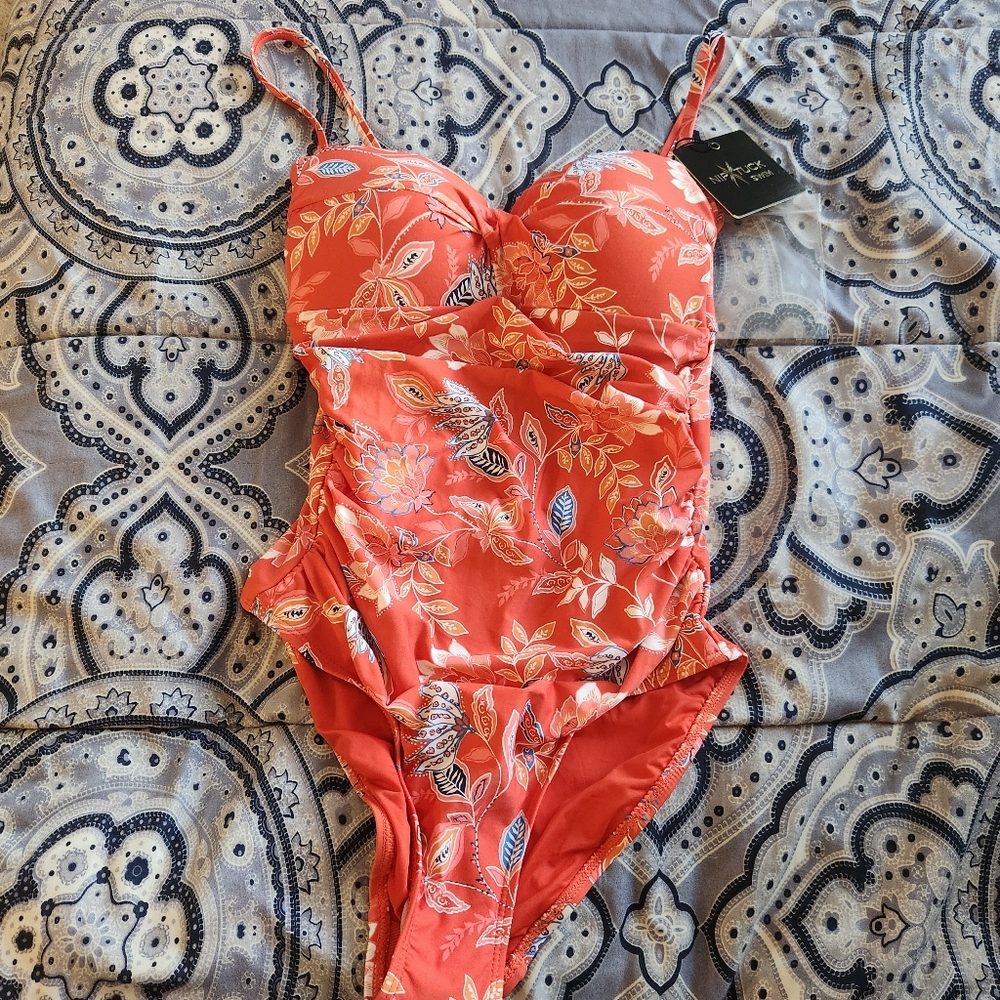 Twist-Front Floral One-Piece Swimsuit — Coral